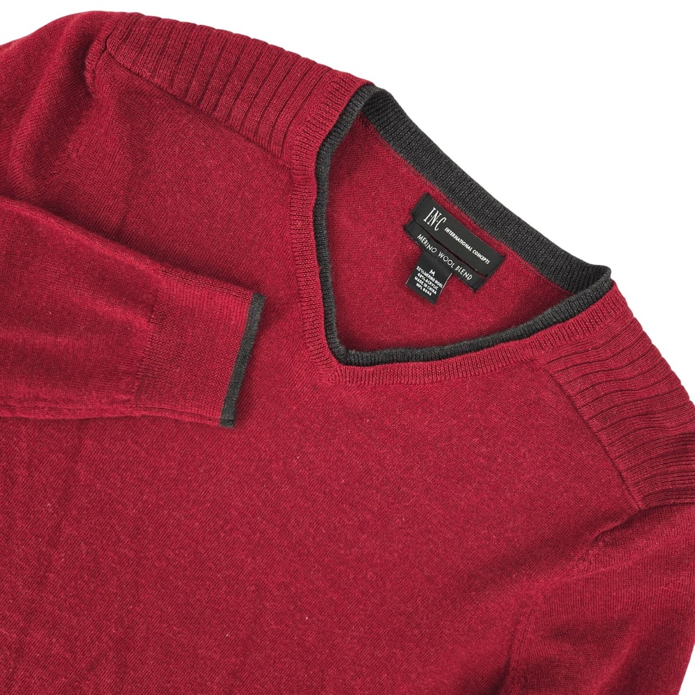 INC International Concepts Mens‎ MEDIUM Red Merino Wool V-Neck  Academia Sweater